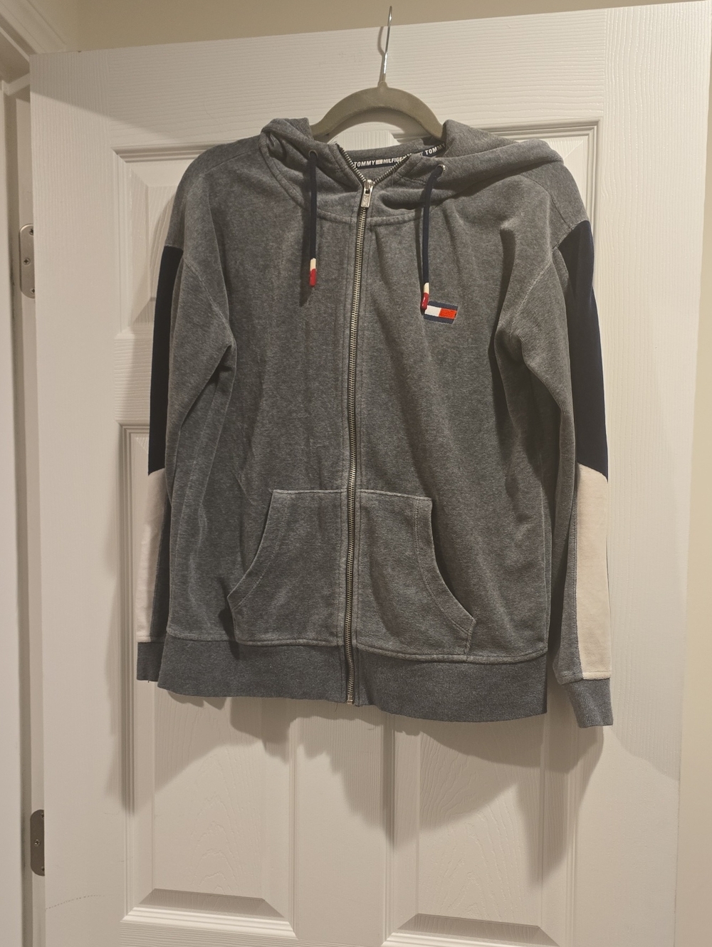 Tommy Hilfiger Gray Zip Hoodie with Navy and Cream Sleeve Panels